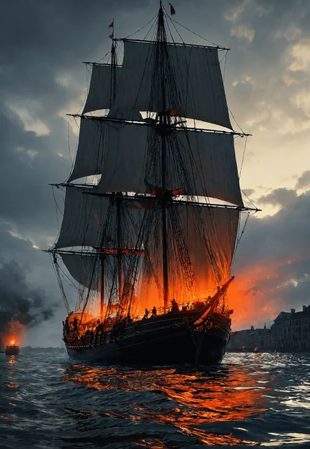 • “ At last majestic Phaedra appeared and projected a band of orange-red light across the water. At this moment the air stirred and shivered the river with cat’s- paws. Sails flapped and filled; hawsers were thrown clear; the vessel shouldered sluggishly out upon the water, barely maintaining way against the current.”
• (((incredible detail, realism pushed to extreme, fine texture, deep shadows, highest resolution))), 
 (8k uhd:1,4)
 <lora:add-detail-xl:1>
 <lora:Dynamic Poses:1>