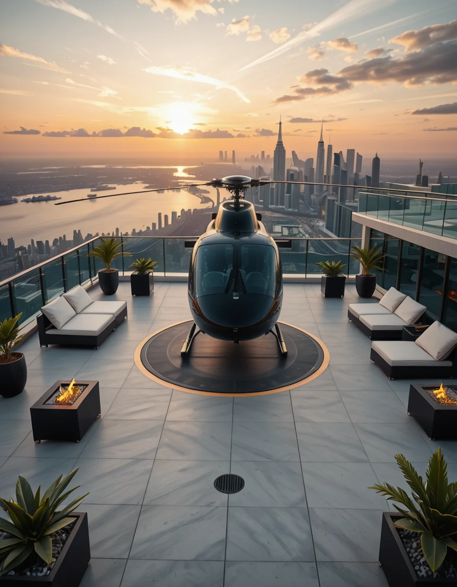 A high-resolution photo of a luxurious rooftop of a five-star hotel at sunset, featuring a sleek helipad with a high-end, matte-black private helicopter elegantly parked. The rooftop is designed with ultra-modern architecture, featuring a spacious terrace with infinity-edge glass railings, ambient lighting, and a panoramic city skyline in the background. The surface of the helipad is clean, polished concrete with clear illuminated markings. Surrounding the helipad, there are lounge areas with modern outdoor furniture, minimalist fire pits, and decorative planters with tropical greenery. The lighting is warm and golden, casting soft shadows and highlighting the contours of the helicopter and the textures of the rooftop. The sky is dramatic, painted with hues of orange, pink, and violet, creating a cinematic atmosphere of luxury and exclusivity. The overall mood is elite, calm, and aspirational, showcasing the ultimate in urban luxury lifestyle.
<lora:SDXLFaeTastic2400:0.4> <lora:extremely_detailed:0.4> extremely detailed,helipad r00ft0p <lora:helipad_r00ft0p-i:1>, Masterpiece,best quality,hi res,8k,hi res,8k,award winning,(sharp focus, intricate, highly detailed),