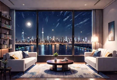 ((front view)), Shallow scene, ((animation style)), modern-style interior, with white walls, (large windows), a  study, Sofa, coffee table, bookcase, single wall, 
Warm lights, quiet and mysterious night sky, starry sky, moonlight, city night view, (City high-rise building scenery), (City scenery outside the window)