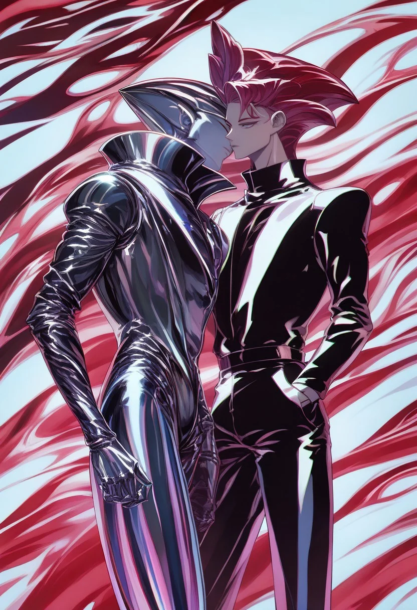 score_9, score_8_up, score_7_up, BREAK
chrome, shiny skin, chrome clothing, chrome skin,
1boy, Powerful digital illustration, tall young man, clean-shaven, dark slicked-back hair, cool blue skin, polished metallic sheen, mirror-like surface, fiery red background, dynamic energy, black suit, high collar, tailored trousers, sleek tie, polished sophisticated elegance, surreal chrome crown, futuristic regal, reflective mirror-like finish, sparkling, flawless surface, iridescence, hands in pockets, relaxed pose, quiet power, intense gaze, downward, air of mystery, deep dramatic shadows, high-gloss chrome skin, sharp contrasts, mesmerizing gleam, noir-inspired atmosphere, enigmatic presence, otherworldly level.<lora:ChromeXLLocon:1>