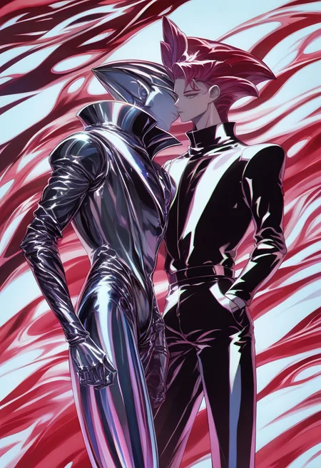 score_9, score_8_up, score_7_up, BREAK
chrome, shiny skin, chrome clothing, chrome skin,
1boy, Powerful digital illustration, tall young man, clean-shaven, dark slicked-back hair, cool blue skin, polished metallic sheen, mirror-like surface, fiery red background, dynamic energy, black suit, high collar, tailored trousers, sleek tie, polished sophisticated elegance, surreal chrome crown, futuristic regal, reflective mirror-like finish, sparkling, flawless surface, iridescence, hands in pockets, relaxed pose, quiet power, intense gaze, downward, air of mystery, deep dramatic shadows, high-gloss chrome skin, sharp contrasts, mesmerizing gleam, noir-inspired atmosphere, enigmatic presence, otherworldly level.<lora:ChromeXLLocon:1>