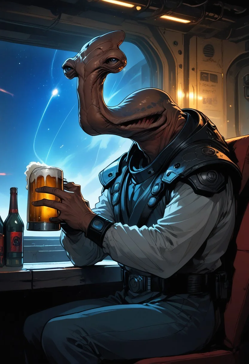 score_9, score_8_up, score_7_up, BREAK, source_anime, an
ithorian hammerhead alien on a space station, sitting at a space bar holding a beer, window in background showing stars and asteroids, neon BAR sign in background, dramatic lights