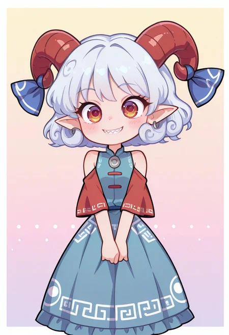 incredibly_absurdres, amazing_background, best quality, pastel_colors, bright_colors, colorful, soft_colors, chibi, white border, 1girl, solo, , long skirt, pleated skirt, smile. looking at viewer, kawaii_babes_style, SNRA-illu, 
toutetsu yuuma, 1girl, solo, red eyes, white hair, short hair, curly hair, red horns, curled horns, sharp teeth,