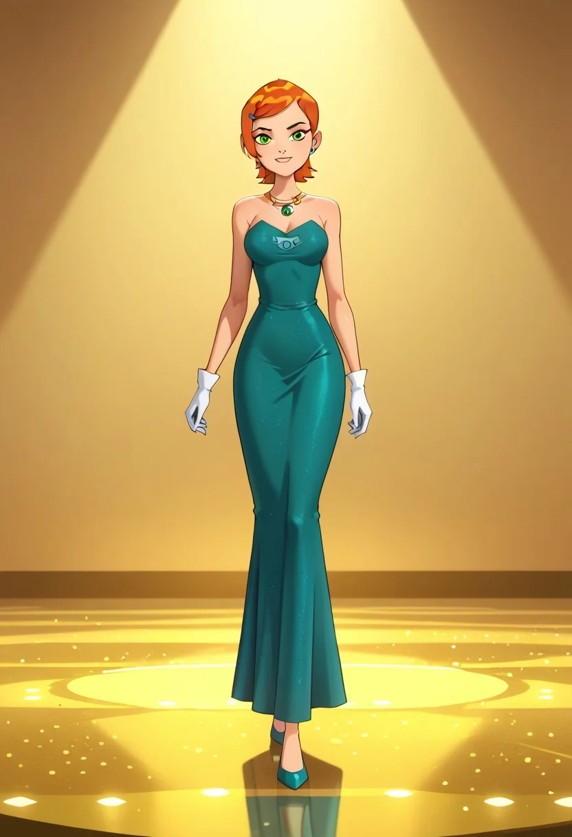 score_9, score_8_up, score_7_up,
1 girl,( gwen tennyson, age 20, short orange hair, large breasts, thin hips, thin thighs, slender, beautiful, sexy, smiling, green eyes, wearing a emerald green dress, tight dress, gloves, wedding style, ( GOLD embroidering accents on bodice)  black beading on the skirt, gem beading, ) and (ben tennyson,  age 20, fit, muscular,  wearing a tuxedo), 
Dancing on a ballroom floor,