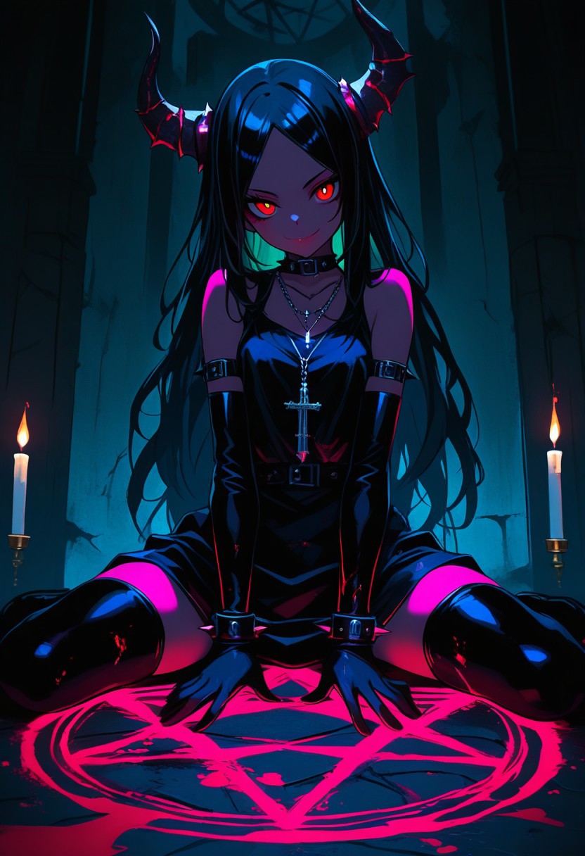 nlstn, horns, black hair, 1girl, jewelry, solo, bracelet, thighhighs, candle, red eyes, sitting, wariza, colored skin, gloves, looking at viewer, smile, blood, spikes, elbow gloves, magic circle, dress, black thighhighs, pentagram, necklace, glowing, bare shoulders, long hair, cross, black dress, low angle, legs spread