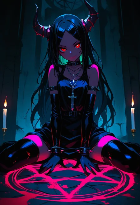 nlstn, horns, black hair, 1girl, jewelry, solo, bracelet, thighhighs, candle, red eyes, sitting, wariza, colored skin, gloves, looking at viewer, smile, blood, spikes, elbow gloves, magic circle, dress, black thighhighs, pentagram, necklace, glowing, bare shoulders, long hair, cross, black dress, low angle, legs spread