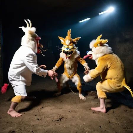 real photo of ukj gambling at an underground chicken fight, best quality, soft lighting, realistic fur texture, high detailed fur <lora:squanch_sdxl_ukj_E3:0.9>