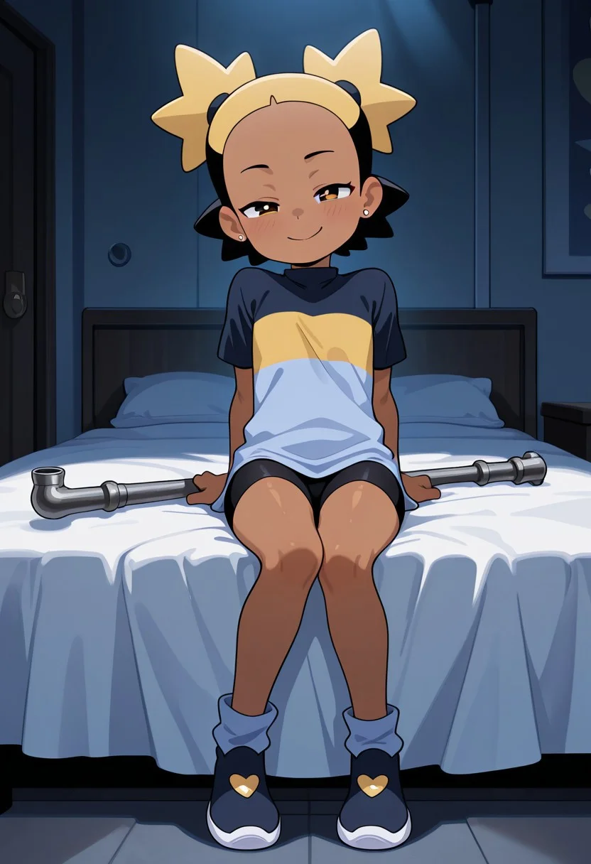 score_9,score_8_up,score_7_up,score_6_up,masterpiece, best quality, very aesthetic,
background is indoors, bedroom,
((cinematic lighting)), (shading),
1girl, solo, Perfect Body, (Perfect Anatomy:1.0),
aika, short gold hair with black undercut, white earrings,dark skin, female, (young:1.3), small, petite body, slender,
three tone shirt, bike shorts, blue socks, dark blue heart shoes,
metal pipe, weapon,
sitting on bed, leaning back, looking at viewer, coy smile, seductive, teasing, flirting, full body,