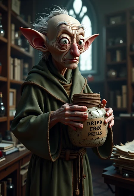 The Bursar, nervous and jittery, thin and frail, pale complexion, frazzled expression, eyes wide with a hint of anxiety, wearing modest, slightly ill-fitting wizard robes in muted green and brown, clutching a big jar who reads "DRIED FROG PILLS," fingers twitching slightly, aura of suppressed panic, surrounded by stacks of paperwork and potion bottles, cluttered office, sense of barely-contained chaos, humorously bewildered, exudes both nervous energy and fragile composure