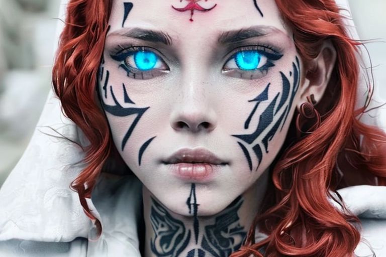 bright red hair, human female, (feminine:1.7), (beautiful face, detailed face:1.6), (beautiful eyes, detailed eyes:1.7), (looking at viewer, eye contact, intense:1.6), (long hair, red hair, curly hair:1.3), , ((masterpiece, best quality, high resolution, realistic, best quality,)), photo realistic, Perfect Face, (detailed face). <lora:GoodHands-vanilla:0.6> <lora:add-detail-xl:0.8>, mage, (Dress White military uniform coat), dagger, rune dagger, glowing runes, , (((glowing magic symbols tattoos, religious tattoos))), ((face tattoos)), glowing tattoos, stone tower in the background