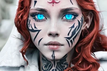 bright red hair, human female, (feminine:1.7), (beautiful face, detailed face:1.6), (beautiful eyes, detailed eyes:1.7), (looking at viewer, eye contact, intense:1.6), (long hair, red hair, curly hair:1.3), , ((masterpiece, best quality, high resolution, realistic, best quality,)), photo realistic, Perfect Face, (detailed face). <lora:GoodHands-vanilla:0.6> <lora:add-detail-xl:0.8>, mage, (Dress White military uniform coat), dagger, rune dagger, glowing runes, , (((glowing magic symbols tattoos, religious tattoos))), ((face tattoos)), glowing tattoos, stone tower in the background