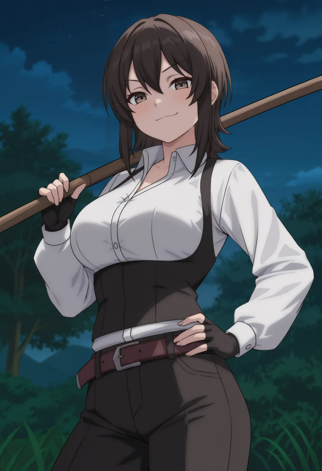 masterpiece, best quality, newest, absurdres, highres, dark, outdoors, night, closed mouth, smug, grin, looking at viewer, medium breasts, 1girl, solo, <lora:Elna_Stongs_Illustrious-000010:1> estonggsslna, short hair, brown hair, sidelocks, hair between eyes, bangs, brown eyes, white shirt, dress shirt, underbust, black gloves, fingerless gloves, belt, cowboy shot, holding weapon, weapon over shoulder, hand on own hip