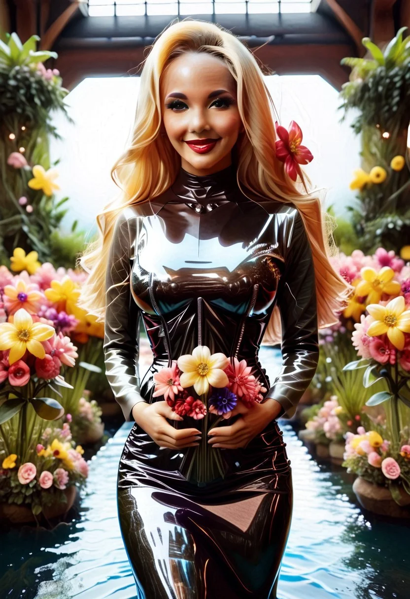 (Latex:2.6) score_9, score_8_up, score_7_up , 1girl, solo, flower garden, night, artificial light, bokeh, depth of field, blush, happy, makeup, whirlpool, beautiful eyes, blonde hair, big hair, hands hidden, hands on the back, blonde, wrinkles, long hair, smiling, 1girl, red lips, Masterpiece, 32k, slim waist, wide hips, thick thighs, curvy, full hips, seductive pose, tempting attitude, semi side view, moon, fog, mist, add-detail-xl, (anatomically correct:1.4), kiryuureika, purple eyes, purple hair, mole under mouth, large breasts, red sweater, necklace, black jacket, closed jacket, long black skirt.