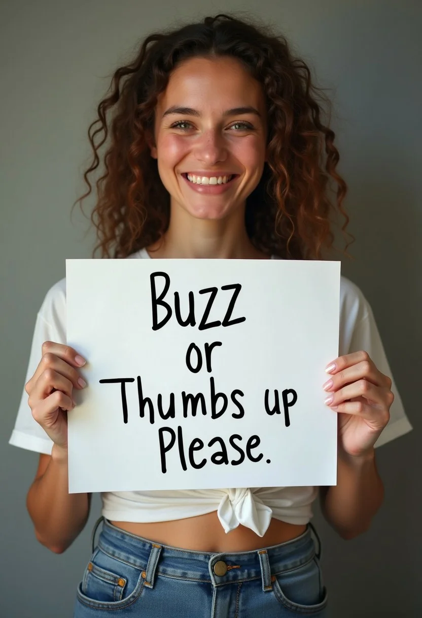 woman holding a sign that say "buzz or thumbs up please"
