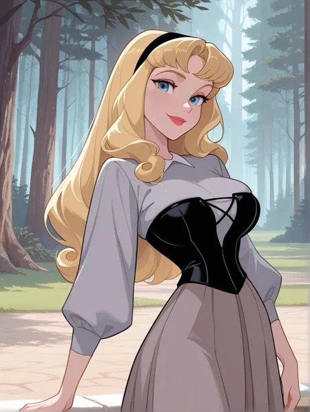 masterpiece, best quality, amazing quality, very aesthetic, absurdres, newest, detailed background, cowboy shot, outdoors, dynamic angle, 4k, 8k, palace,forest,
auroraxd, 1girl, solo, blonde hair, blue eyes, long hair, grey shirt, long sleeves, corset, skirt, large breasts, hairband, looking at viewer, smile, sexy, seductive, skindentation, lipstick, makeup,
<lora:Aurora_-_Disney_Illustrious:1>