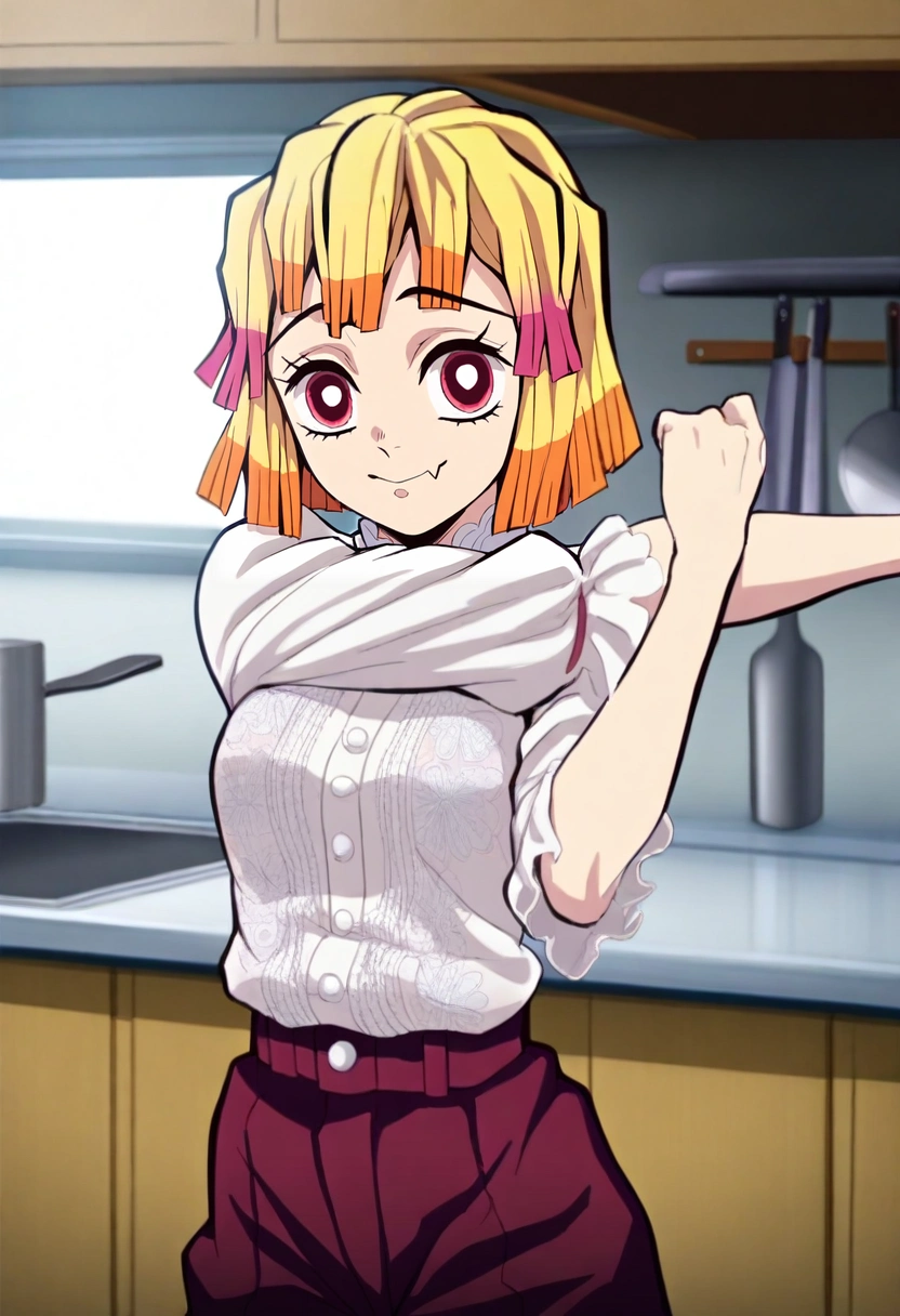 masterpiece, best quality, , intricate details, looking at viewer, , 1girl, red eyes, blonde hair, bob haircut, hair ribbon, Damask Crepe Ruffled hem trousers, Satin blouse, , , and, solo, asymmetrical, kitchen, day, stretching, skin fang, <lora:kimetsu_no_yaiba_style_ilxl:0.9>, kimetsu_no_yaiba_style,