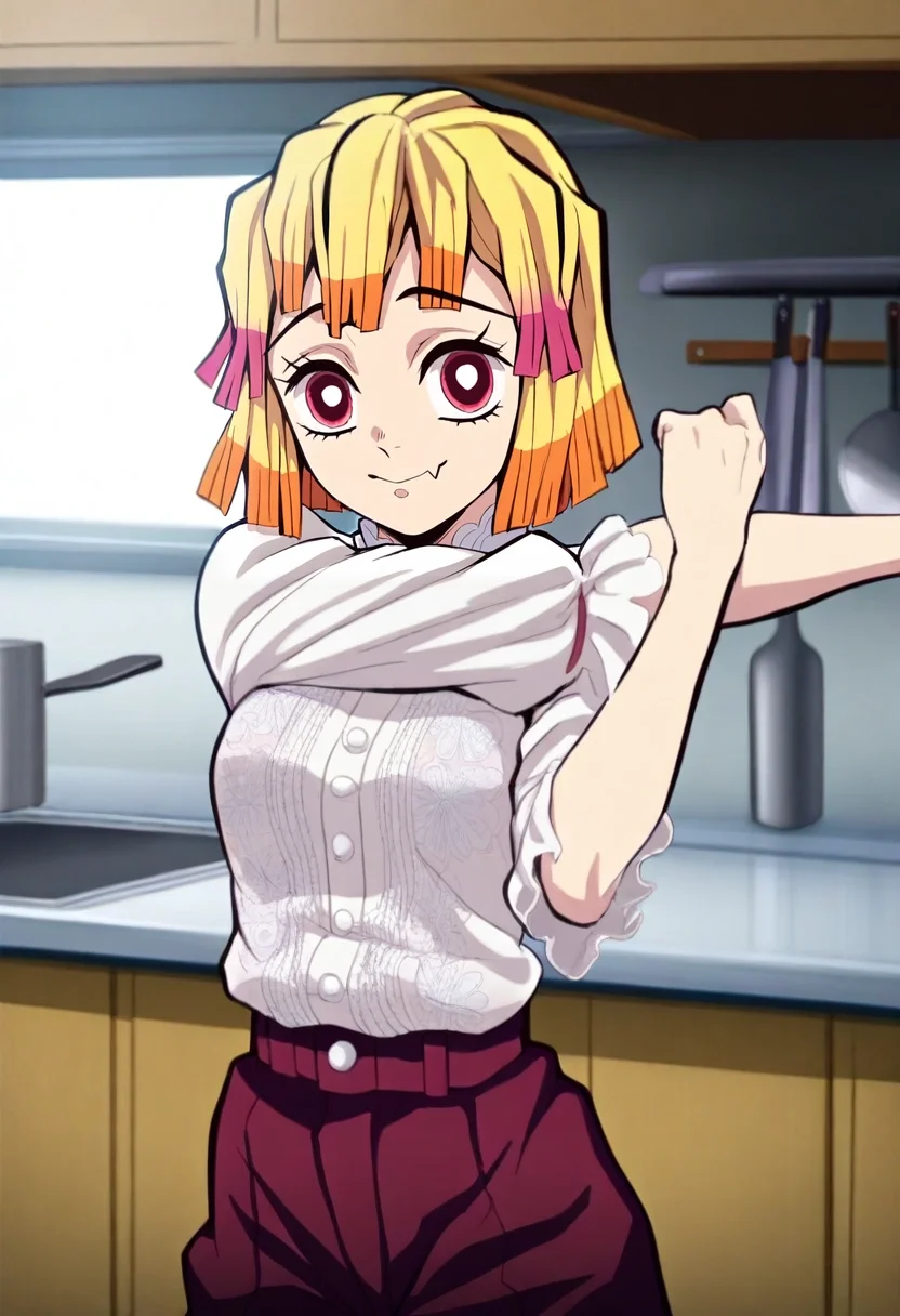 masterpiece, best quality, , intricate details, looking at viewer, , 1girl, red eyes, blonde hair, bob haircut, hair ribbon, Damask Crepe Ruffled hem trousers, Satin blouse, , , and, solo, asymmetrical, kitchen, day, stretching, skin fang, <lora:kimetsu_no_yaiba_style_ilxl:0.9>, kimetsu_no_yaiba_style,