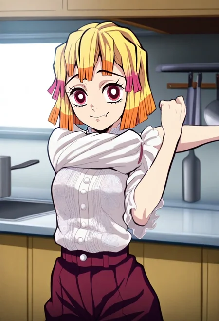 masterpiece, best quality, , intricate details, looking at viewer, , 1girl, red eyes, blonde hair, bob haircut, hair ribbon, Damask Crepe Ruffled hem trousers, Satin blouse, , , and, solo, asymmetrical, kitchen, day, stretching, skin fang, <lora:kimetsu_no_yaiba_style_ilxl:0.9>, kimetsu_no_yaiba_style,