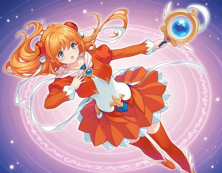 <lora:IL_manaval:1>,1girl,solo,ums_mn,Manana \(alicesoft\),bun cover,
vibrant fantasy outfit,vibrant fantasy outfit,large blue gem on chest,white torso,flared sleeve,detachable mantle on back,
sharply pointed layered skirt,orange skirt,flowing white sashes,white laced petticoat,orange thighhighs,winged knee-high boots,
fantasy,magic effect,magic circle,light particles,reaching towards viewer,holding wand,magic wand,happy smile,chestnut mouth,long hair floating everywhere,floating hair,disheveled hair,wind lift,magical girl,, <lora:wai-A3-V140:1>,, masterpiece,best quality,amazing quality,very aesthetic,absurdres,
