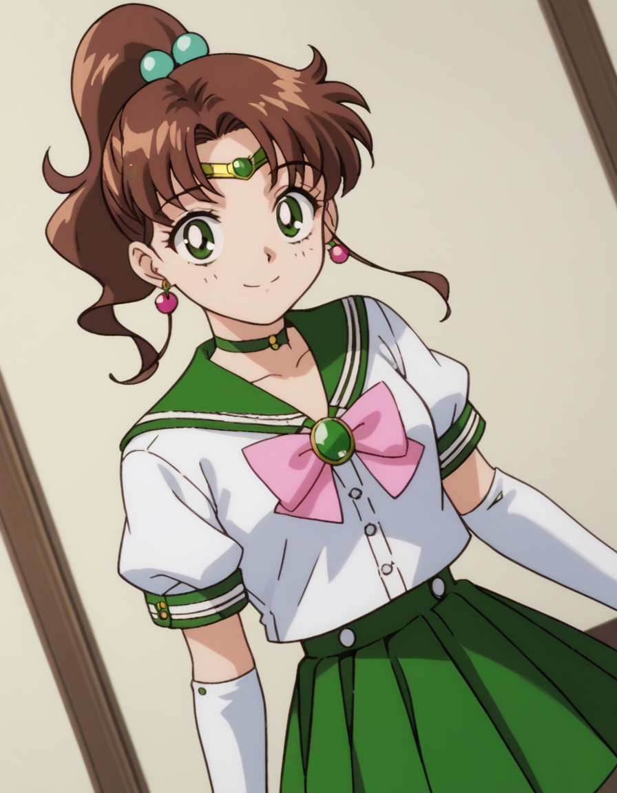 score_9, score_8_up, score_7_up, source_anime, <lora:makoto-kino-supers-movie-ponyxl-lora-nochekaiser:1>, makoto kino, brown hair, circlet, green eyes, hair bobbles, hair ornament, medium hair, ponytail, sidelocks, parted bangs,, back bow, bow, bowtie, brooch, choker, earrings, elbow gloves, flower earrings, gem, gloves, green choker, green gemstone, green sailor collar, green skirt, jewelry, miniskirt, pink bow, pink bowtie, pleated skirt, sailor collar, shirt, short sleeves, sidelocks, skirt, white gloves, white shirt,, indoors, smile, looking at viewer, solo,, cowboy shot, dutch angle