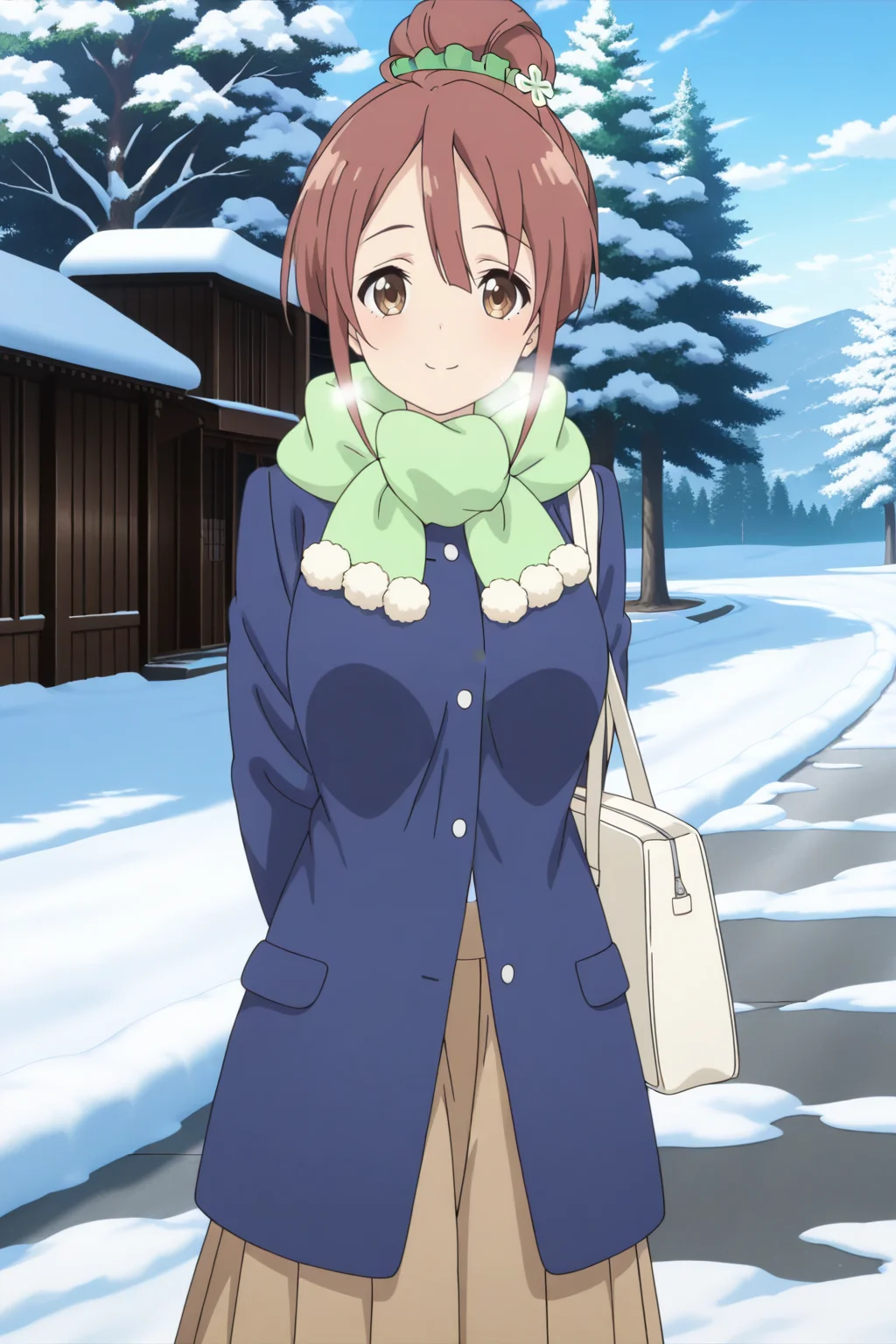 anime screenshot, 1girl, solo, shinomiya shiori, brown hair, single hair bun, green scrunchie, hair scrunchie, hair flower, brown eyes, large breasts, blue coat, long sleeves, green scarf, brown skirt, pleated skirt, long skirt, handbag, looking at viewer, smile, cowboy shot, outdoors, snow, masterpiece, best quality, high quality, highres, absurdres, <lora:shinomiya_shiori_ILXL:0.9>