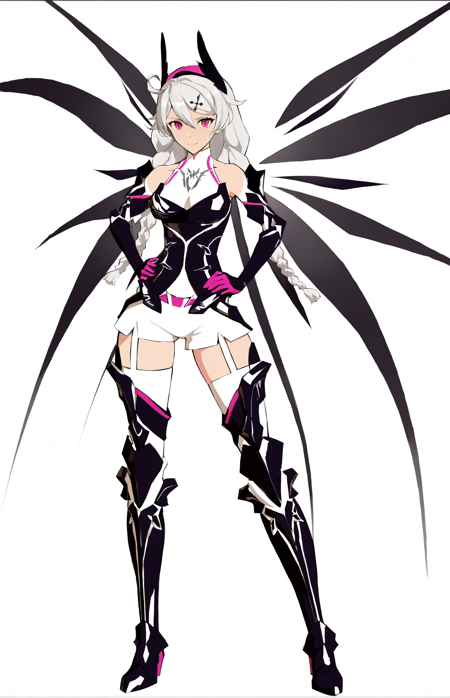 8k, best quality, masterpiece, (ultra-detailed:1.1), (high detailed skin), 
(full body), white background, standing, looking at viewer, (solo), hand on hip, 
<lora:kiana-young-A3-Tanger-000011:0.7>, kiana kaslana, dark yueguang, 4th clothes, 1girl, gloves, long hair, boots, thighhighs, energy wings, black footwear, hair ornament, braid, bangs, thigh boots
(beautiful_face), ((intricate_detail)), clear face, 
((finely_detailed)), fine_fabric_emphasis, 
((glossy)), full_shot,