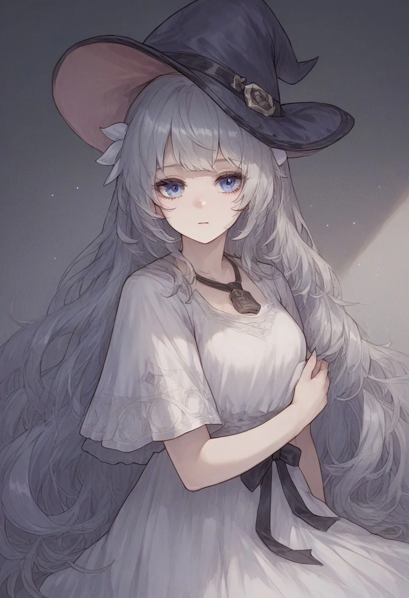 hanyu,bandage ,witch hat,shiny skin, Expressiveh,score_9, score_8_up, score_7_up, best quality,li1y (elqk), 1girl, blue eyes, very long hair, white hair, hair ornament, necklace, jewelry, white dress, black ribbon