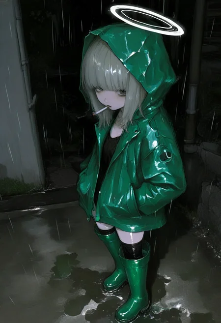 1girl, solo, cigarette, rain, hood, halo, thighhighs, boots, hands in pockets, raincoat, rubber boots, jacket, green jacket, black thighhighs, smoking, mouth hold, hooded jacket, bangs, green footwear, standing, black shirt, shirt, medium hair, outdoors, looking at viewer, hood up, knee boots, grey hair <lora:748cmXL_NBVP1_lokr_V6311PZ:0.95>