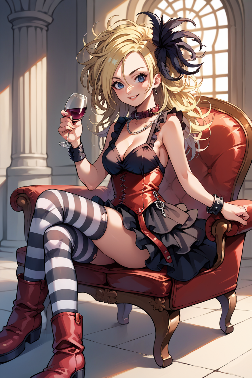 score_9, score_8_up, score_7_up, score_6_up, source_anime, 1girl, solo <lora:dqsetia-pdxl-nvwls-v1-000005:1> dqSetia, blonde hair, curly hair, feather hair ornament, collar, black dress, cleavage, frilled dress, red corset, black and white thighhighs, striped thighhighs, bracelets, red boots, fancy chair, mansion, crossed legs, looking at you, smile, holding wineglass