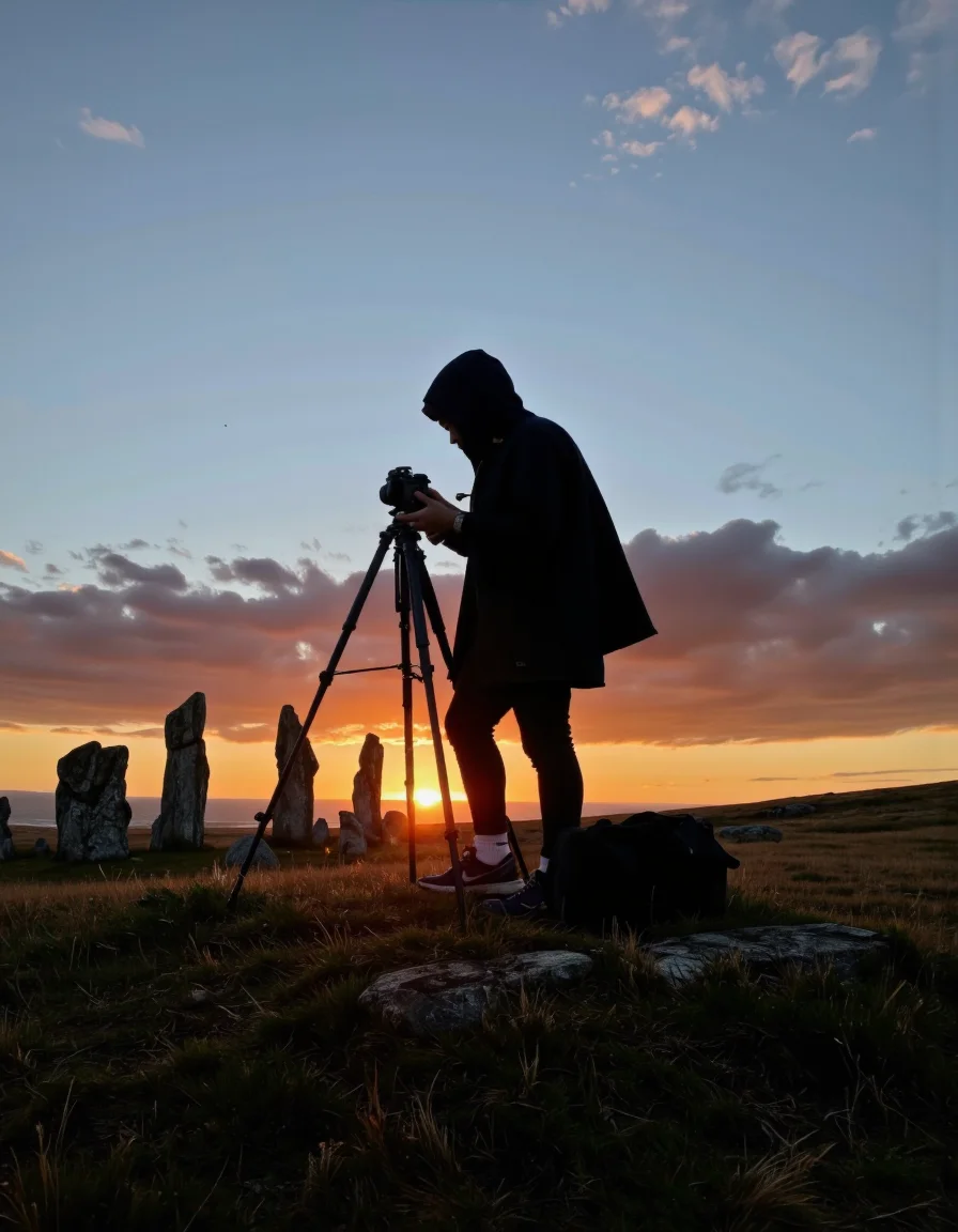 By Maria Isabel Ruiz. A person in a hooded cloak is silhouetted against a sunset sky, standing on a grassy hill with a camera on a tripod in front of them. the person is positioned in the middle of the image, facing away from the camera, and appears to be taking a photo. they are wearing a black hoodie and black pants, and their face is obscured by the hood, giving a clear view of their silhouette. the camera is positioned on the tripod, and a black bag is placed on the ground next to them. in the background, the sun is setting behind the standing stones, casting a warm orange glow over the landscape. the sky is a mix of blue and orange hues, with some clouds scattered across it, creating a sense of depth and perspective. the image is taken from a low angle, with the person standing in the foreground, and the overall effect is one of peacefulness and serenity.