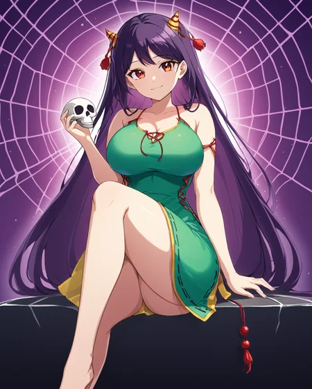 nippaku zanmu,1girl, solo, horns, sitting, holding_skull, looking_at_viewer, hand_on_own_knee, smile, large_breasts, bare_shoulders, dress, spider_web, demon_girl
<lora:nippaku_zanmu_image235_2023-12-20:1>,star-shaped_pupils,symbol-shaped_pupils,. gorgeous,key visual, vibrant, studio anime,award-winning, professional, highly detailed,high budget, cinemascope