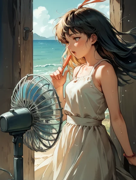 score_9, score_8_up, source_anime, 1girl, summer, sundress, long skirt, (fanning crotch:1.2), open mouth, exhausted, sweaty, long hair, electric fan, from side, melting from heat, hair blowing, wind, ventilating, dress lift, lifted by self, d3t41l3d, retroscifi, <lora:Retroscifi-Pony1:0.8>, <lora:d3t41l3dXLP:0.65>,  <lora:fanningcrotch_Pony_v1:0.8>