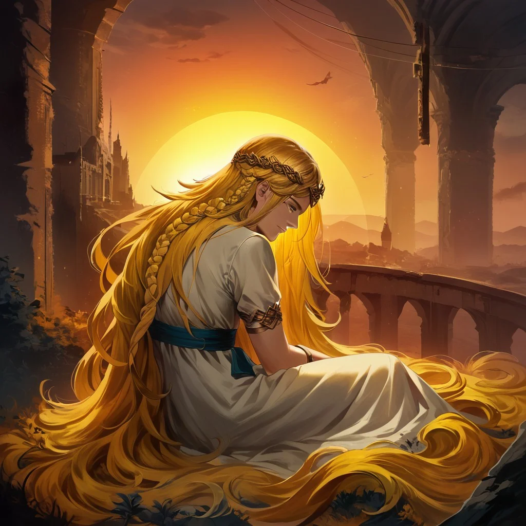 score_9, score_8_up, score_7_up, (1boy), miquella, blonde hair, crown braid, multiple braids, yellow eyes, white robe, gold armlet, circlet, sitting, atop of a mountain, abandoned castle far in the distance, eldenscene, sunset lighting, from behind, (absurd detail), (high quality), (4k), solo, (masterpiece), (best quality), (ultra-detailed), very aesthetic, illustration, perfect composition, intricate details, (concept art, digital art, realistic)