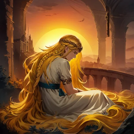 score_9, score_8_up, score_7_up, (1boy), miquella, blonde hair, crown braid, multiple braids, yellow eyes, white robe, gold armlet, circlet, sitting, atop of a mountain, abandoned castle far in the distance, eldenscene, sunset lighting, from behind, (absurd detail), (high quality), (4k), solo, (masterpiece), (best quality), (ultra-detailed), very aesthetic, illustration, perfect composition, intricate details, (concept art, digital art, realistic)