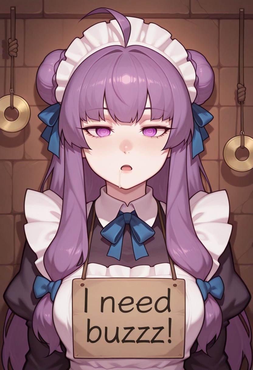 masterpiece, best quality, mind control, hypnosis amazing quality, arrusa, bright eyes, ringed eyes, very aesthetic, absurdres, girl, score_9, socre_8, score_7, high res image, cute girl, ultra detailed eyes, clear skin, shiny hair, black gloves, expressionless, empty eyes, ringed eyes, blank stare, blank eyes, upper body, serious, female focus, ringed eyes, 1girl, solo, patchouli knowledge, open mouth, pendulum, drool, ahoge, braided bun, ribbon, hair ribbon, hair bun, blue ribbon, french braid, maid, maid headdress, maid apron, half-closed eyes, sign around neck, sign lettered "Buzz Buzz Buzz Buzz Buzz Buzz Buzz Buzz Buzz Buzz Buzz", need_buzz