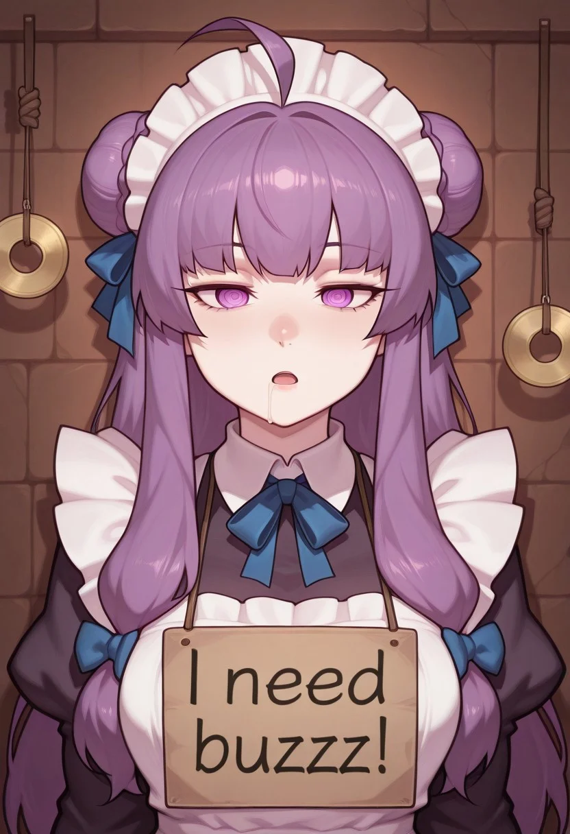 masterpiece, best quality, mind control, hypnosis amazing quality, arrusa, bright eyes, ringed eyes, very aesthetic, absurdres, girl, score_9, socre_8, score_7, high res image, cute girl, ultra detailed eyes, clear skin, shiny hair, black gloves, expressionless, empty eyes, ringed eyes, blank stare, blank eyes, upper body, serious, female focus, ringed eyes, 1girl, solo, patchouli knowledge, open mouth, pendulum, drool, ahoge, braided bun, ribbon, hair ribbon, hair bun, blue ribbon, french braid, maid, maid headdress, maid apron, half-closed eyes, sign around neck, sign lettered "Buzz Buzz Buzz Buzz Buzz Buzz Buzz Buzz Buzz Buzz Buzz", need_buzz