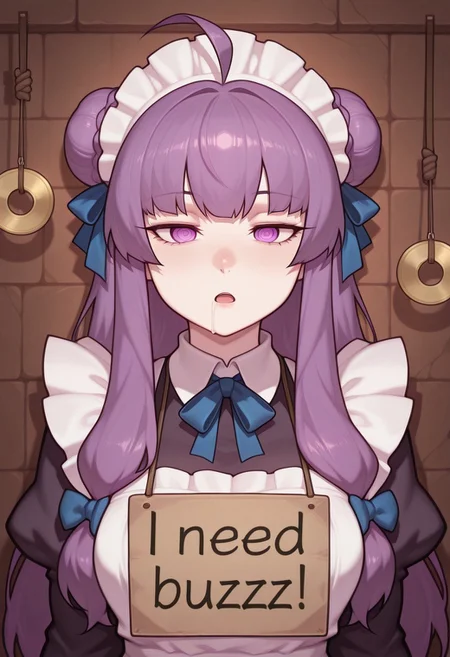 masterpiece, best quality, mind control, hypnosis amazing quality, arrusa, bright eyes, ringed eyes, very aesthetic, absurdres, girl, score_9, socre_8, score_7, high res image, cute girl, ultra detailed eyes, clear skin, shiny hair, black gloves, expressionless, empty eyes, ringed eyes, blank stare, blank eyes, upper body, serious, female focus, ringed eyes, 1girl, solo, patchouli knowledge, open mouth, pendulum, drool, ahoge, braided bun, ribbon, hair ribbon, hair bun, blue ribbon, french braid, maid, maid headdress, maid apron, half-closed eyes, sign around neck, sign lettered "Buzz Buzz Buzz Buzz Buzz Buzz Buzz Buzz Buzz Buzz Buzz", need_buzz