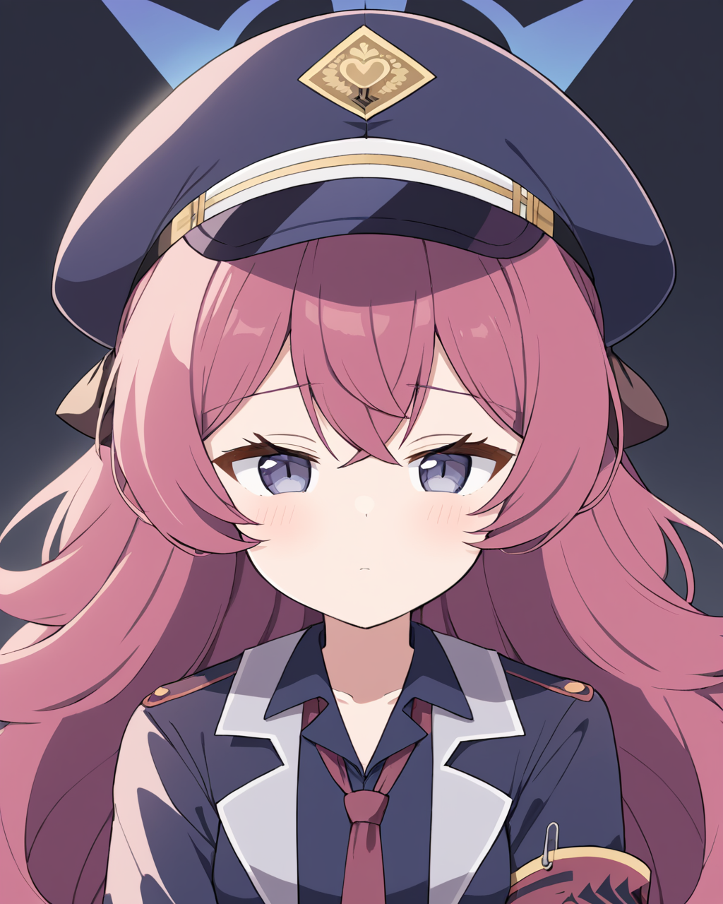 iroha \(blue archive\),1girl, solo, one_eye_closed, looking_at_viewer, peaked_cap, long_sleeves, parody, portrait, black_headwear, simple_background, flat_color, military_hat, slit_pupils, halo
<lora:iroha_(blue_archive)_image1923_2023-11-27-000012:1>halo. gorgeous,key visual, vibrant, studio anime,award-winning, professional, highly detailed,high budget, cinemascope