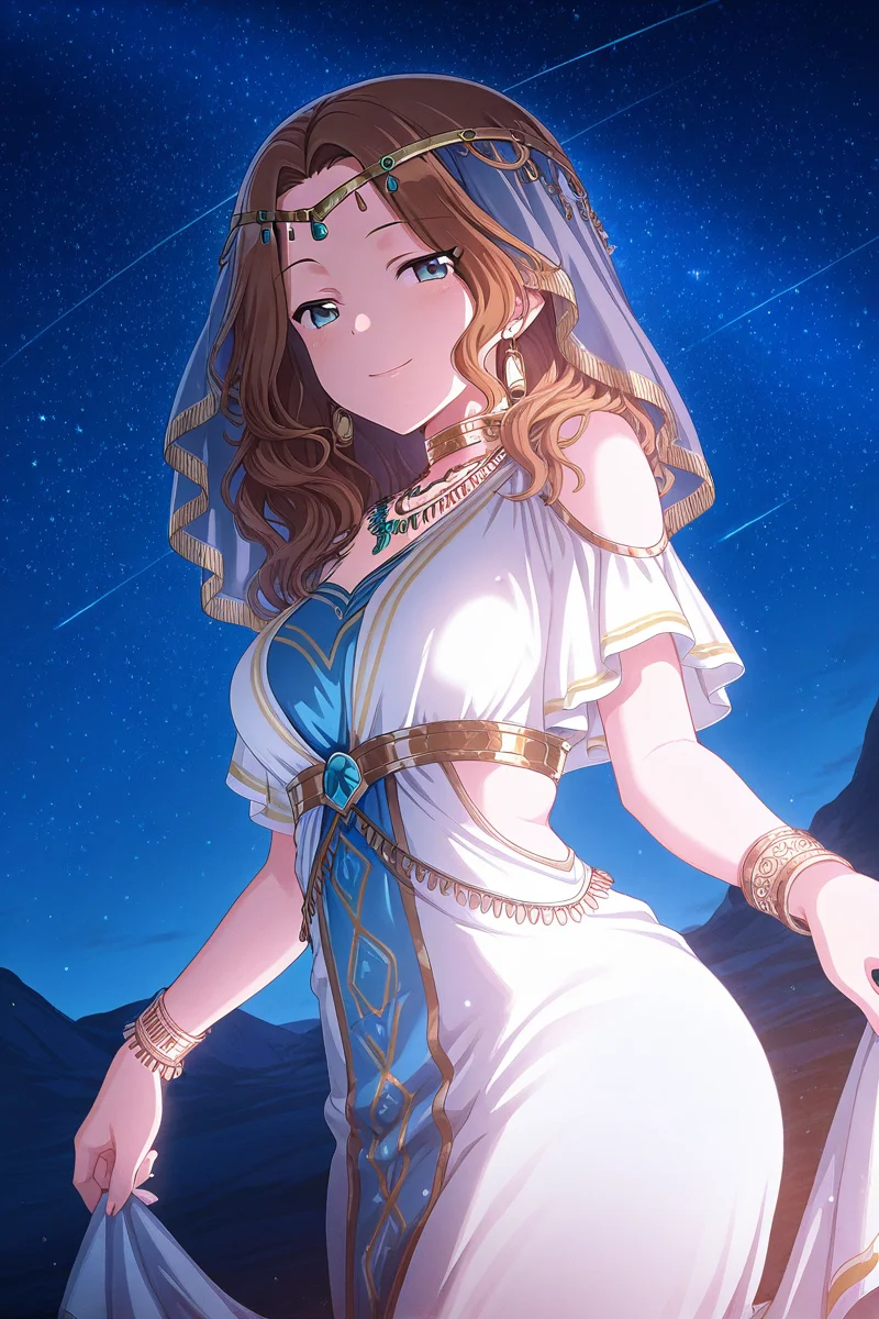 masterpiece, best quality, amazing quality,
 <lora:Hisame_IL:1> hisame, 1girl, jewelry, blue eyes, solo, bracelet, night, necklace, brown hair, dress, sky, long hair, night sky, circlet, veil, smile, star (sky), looking at viewer, altsk