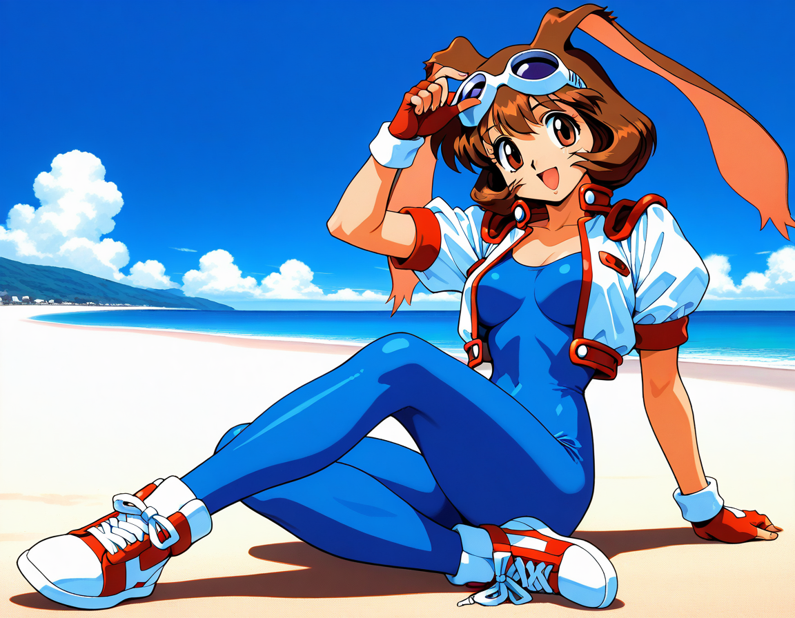 masterpiece, best quality, good quality, <lora:Makihara_Arina_IS:1>Makihara_Arina, brown hair, animal ears, goggles on head, rabbit ears, brown eyes, 1990s (style),  medium breasts,
1girl, solo, gloves,  fingerless gloves, sneakers, 
shoes, blue bodysuit, full body, smile, looking at viewer, open mouth, bodysuit, short sleeves, red footwear, cropped jacket, red gloves, bangs,
blue sky, beach,