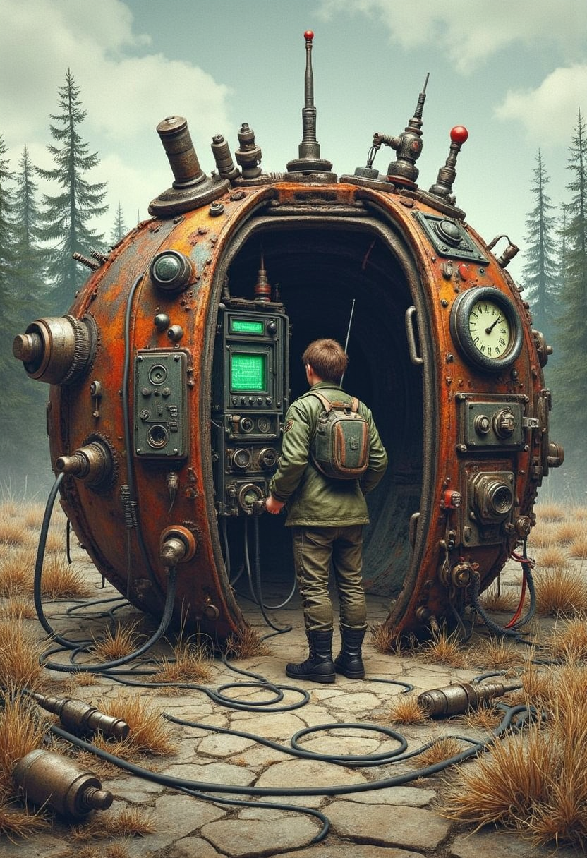 YFG-LBGadgets This is a digital illustration depicting a dystopian landscape with a focus on a solitary figure and a large, rusty metal dodecahedron. The object is made of panels therefore hollow as if containing electronics and other things inside. One of the sides of the object is open showing cables coming from inside and towards the right. On the left of the object, cables are connected to a path panel. The image features a young man with fair skin, short brown hair, and a slender build, standing near a large, rusted, dodecahedron object with a hatch-like opening. The man is dressed in a green, heavy-duty jacket, dark pants, and black boots, suggesting a utilitarian or survivalist outfit. He holds a large, square metal object in his hands, possibly a radio or communication device which is connected via heavy cables to the inside of the open hatch on the object to his left.  The ground is a barren, dry, muddy terrain, crackled, covered in patches of dry grass and sparse vegetation. In the background, there is a dense forest of tall, leafless trees, indicating a cold or late season. The sky is overcast with a pale, muted blue-gray color, adding to the desolate atmosphere. The metallic structure is weathered and appears to be connected to a network of cables and wires that extend towards the man, hinting at some form of communication or control.  The illustration style is realistic with a slight touch of hyperrealism, emphasizing texture and detail in the man's clothing and the rugged, worn surfaces of the metallic structure. The overall mood is somber and isolated, evoking a sense of abandonment and isolation in a post-ap