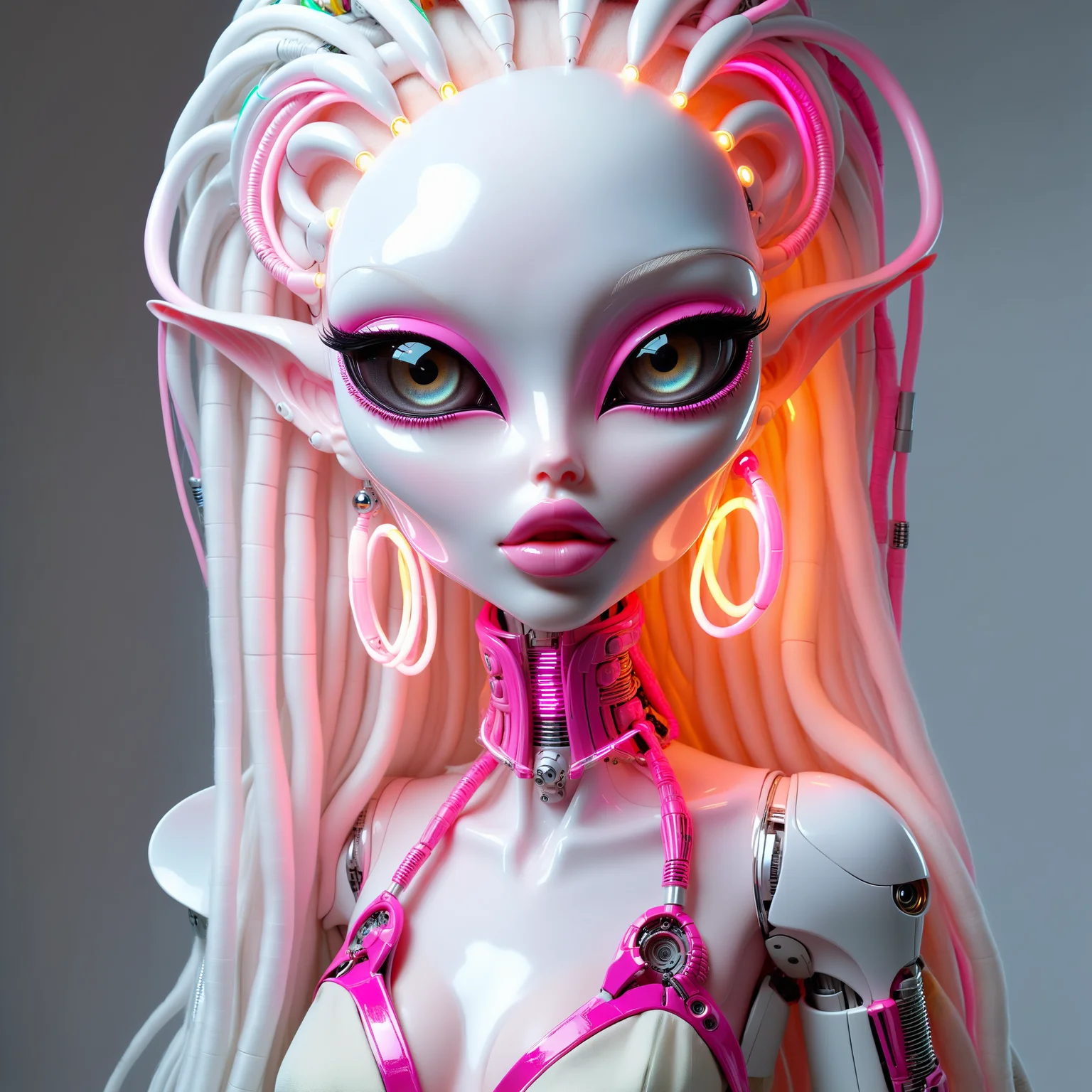 <lora:AlinaXL:0.6> <lora:DalleAlien:0.8> beautiful alien elf girl with big detailed eyes and huge lips , light skin , White porcelain refined exquisite robotic doll with a blush on her cheeks, chrome - plated glowing neon wires from the head and neck, a smooth glossy surface wrapped in linen fabric, fashion fashion style
,8k, extreme detailed , colorful , highest detailed