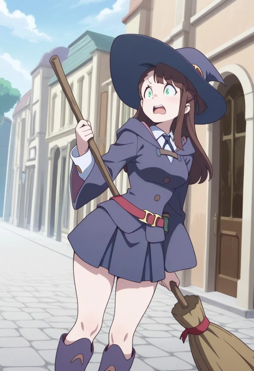 masterpiece,best quality,amazing quality, source_anime, surprised, 
AndrewHanbridge, 1girl, medium breasts, solo, green eyes, brown hair, long hair, luna nova school uniform, hat, witch hat, shirt, white shirt, collared shirt, ribbon, neck ribbon, jacket, purpe jacket, long sleeves, wide sleeves, belt, red belt, boots, purple boots, knee boots, broom, witch broom, holding broom, young face,
outdoor,