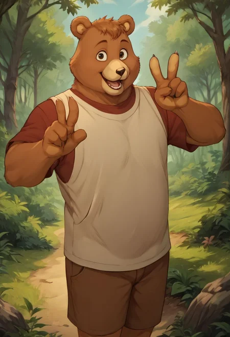 score_9, score_8_up, score_7_up, score_6_up, source_realistic, highly detailed, detailed eyes, Teddy Ruxpin, cartoon bear standing in a forest, looking at viewer, 1boy, solo, anthro, furry, bear, happy, smile, V,
