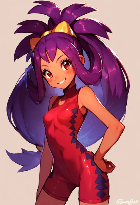 score_9, score_8_up, score_8, cute, eyelashes,
iris \(pokemon\), purple hair, long hair, red eyes, dark skin, red unitard, hand on hip, sleeveless,
smile, blush, cowboy shot,
detailed eyes,