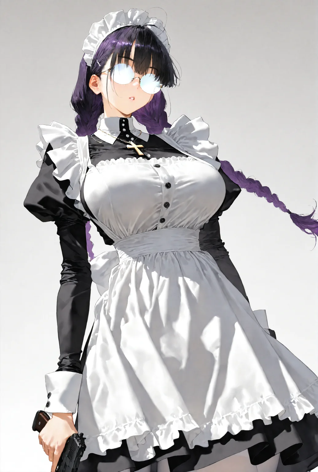 masterpiece,best quality,amazing quality,very aesthetic,absurdres,newest,<lora:gy卿¼«noob1.0-000140:0.7>,
newest,year 2023,
1girl,solo,weapon,braid,jewelry,breasts,long hair,holding weapon,gun,twin braids,maid,glasses,holding,opaque glasses,round eyewear,long sleeves,handgun,maid headdress,holding gun,apron,necklace,dress,large breasts,cross,parted lips,bangs,pantyhose,white pantyhose,black dress,cross necklace,juliet sleeves,gradient,purple hair,puffy sleeves,gradient background,simple background,cowboy shot,grey background,black hair,frills,white background,maid apron,white apron,rimless eyewear,standing,buttons,