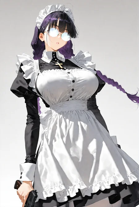 masterpiece,best quality,amazing quality,very aesthetic,absurdres,newest,<lora:gy卿¼«noob1.0-000140:0.7>,
newest,year 2023,
1girl,solo,weapon,braid,jewelry,breasts,long hair,holding weapon,gun,twin braids,maid,glasses,holding,opaque glasses,round eyewear,long sleeves,handgun,maid headdress,holding gun,apron,necklace,dress,large breasts,cross,parted lips,bangs,pantyhose,white pantyhose,black dress,cross necklace,juliet sleeves,gradient,purple hair,puffy sleeves,gradient background,simple background,cowboy shot,grey background,black hair,frills,white background,maid apron,white apron,rimless eyewear,standing,buttons,