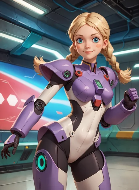 score_9, score_8_up, score_7_up, (masterpiece, best quality, highres, high resolution:1.2), extremely detailed, intricate details, (realistic:0.9), 1girl, solo, frosya, young, cyborg , braids, blush stickers, smile, fighting stance, cyber armor, purple armor, futuristic military suit, shiny metal, chrome, cowboy shot, looking at viewer, futuristic, complex details, mecha hangar, indoors, neon, sci-fi, gundam,<lora:melnica_girls_pxl_v1.1:0.7>
