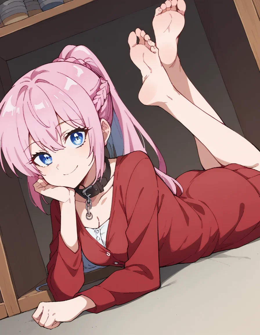 score_9, score_8_up, score_7_up, source_anime, <lora:miyako-shikimori-s1-ponyxl-lora-nochekaiser:1>, miyako shikimori, long hair, blue eyes, hair between eyes, pink hair, medium breasts,, dress, ponytail, braid, red dress, collar, button, skirt, red skirt,, closet, clothes, shelves, hangers, storage, smile, <lora:the-pose-ponyxl-lora-nochekaiser:1>, the pose, on stomach, feet up, lying, soles, feet, legs up, head rest, barefoot, looking at viewer, solo,, dutch angle, cowboy shot