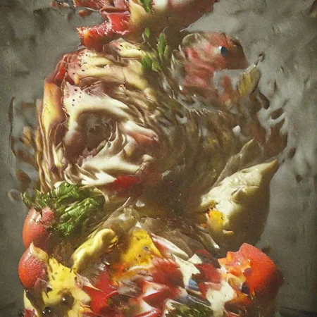An award winning portrait photograph, a gorgeous brunette woman, by Rembrandt, gravitational lensing, hoph fibration bundles distortion of features of fruit, watermelon, apples, grapes, pears, figs, fern, flowers, flies, Leica M3, strobe flash, 3d stereoscopic color photograph,